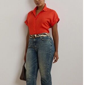 RALPH LAUREN Black Label Women 2x Orange Linen Dolman-Sleeve Top‎ Size